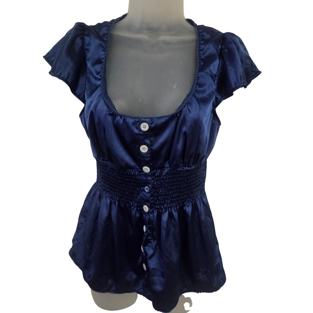 Y2K Sele Satin Babydoll Top Womens M Navy Blue Smocked Empire Waist Puff Sleeve
